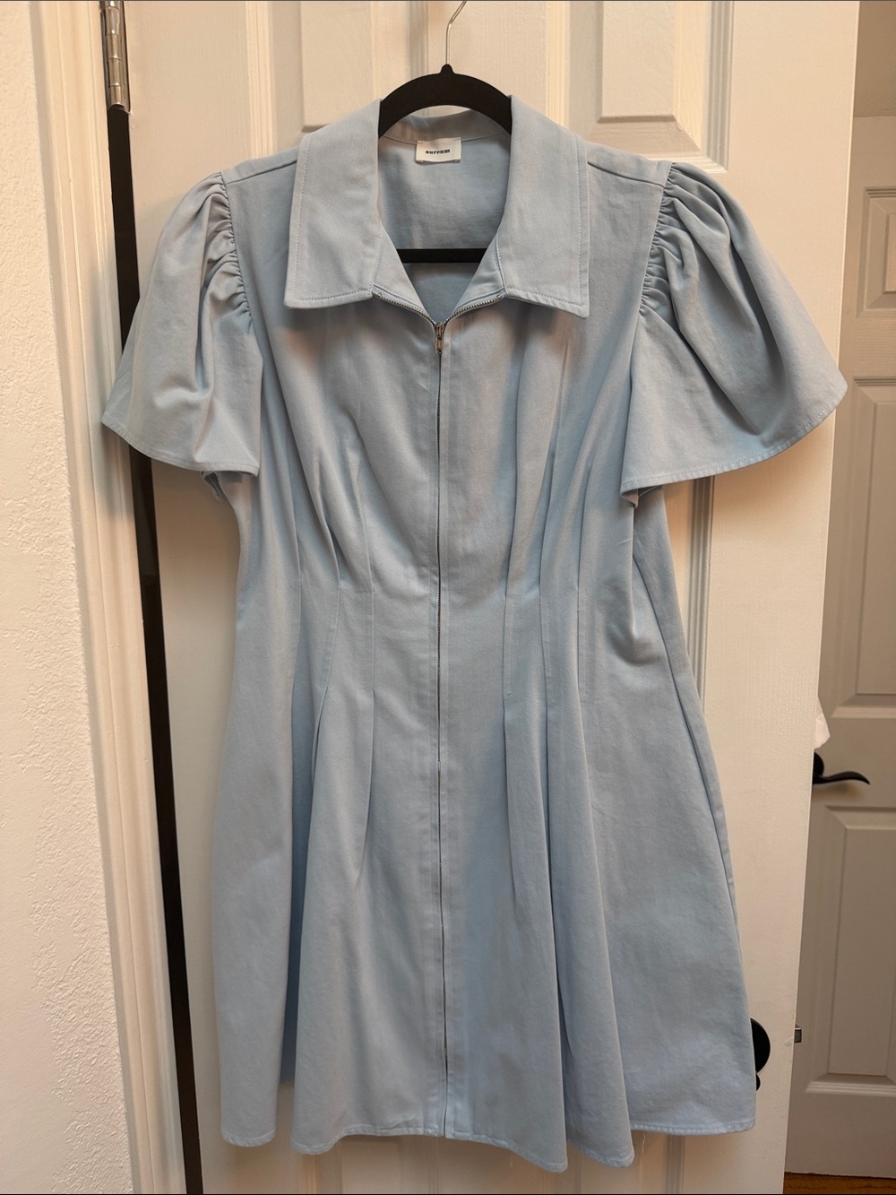 AUREUM Pastel Blue Puff Sleeve Zip-Front Mini Dress